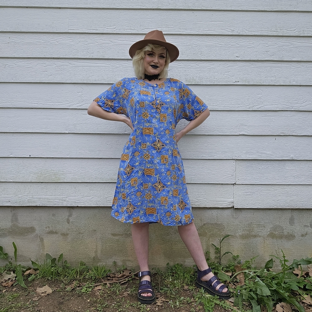 Vintage Indian Baby Blue & Orange Spring Summer Casual Hippie Boho Sun Dress - Picture 11 of 12